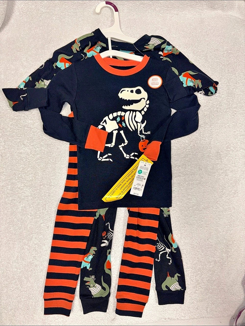 carter's 4 Piece pajamas Boys 3T Dinosaur Halloween glow in the dark nwt